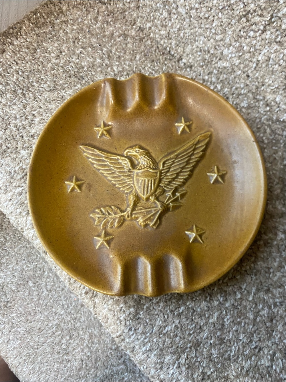 Vintage Patriotic Eagle Ceramic Ashtray in Mustard Brown